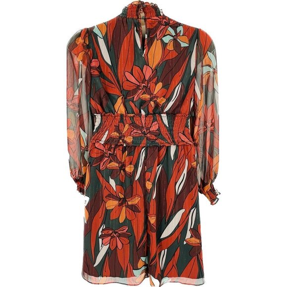 Forest Lily Mini Dress Size XS High Neck, Elastic Waist Fall Print Metallic - Picture 2 of 16